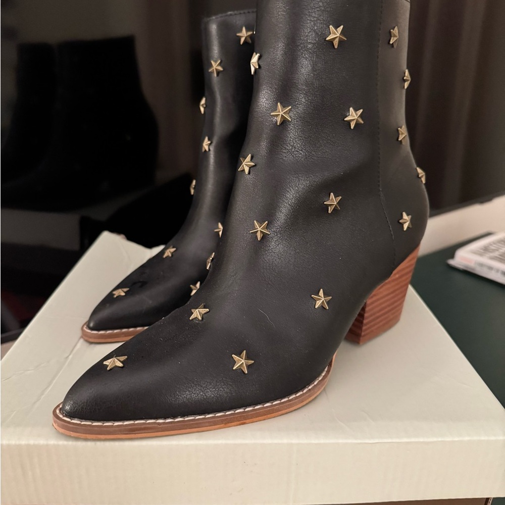 Lyanna Black Ankle Boots with Gold Star Accents
